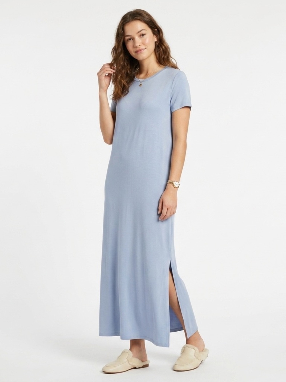 LAKE Short Sleeve Maxi Nightgown Side Slit Knit Light Blue Medium
